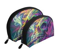 Bolsas de maquillaje con diseño de calavera psicodélica, con flores de marihuana, 2 piezas, portátil, bolsa de aseo de viaje, White, Talla única