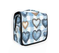 Bolsas de maquillaje con diseño de corazones azules, color azul, tela vaquera, marrón, con gancho para colgar, bolsas de cosméticos grandes para mujer, verticales, independientes