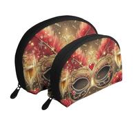 Bolsas de maquillaje con diseño de máscaras rojas y doradas, diseño de globos de plumas y rosas, 2 piezas, portátil, bolsa de aseo de viaje, White, Talla única