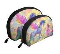 Bolsas de maquillaje con diseño de unicornios y hadas mágicas, 2 piezas, portátil, para viaje, diseño de unicornios y hadas, White, Talla única