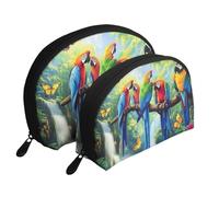 Bolsas de maquillaje con estampado de loros tropicales gigantes y selvas de flores exóticas, 2 piezas, portátil, bolsa de aseo de viaje, White, Talla única