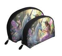 Bolsas de maquillaje con estampado de unicornios y hadas del bosque mágico, 2 piezas, bolsa de aseo portátil de viaje, White, Talla única