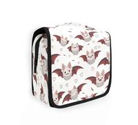 Bolsas de maquillaje de dibujos animados de murciélago vampiro marrón claro con gancho para colgar, bolsa de cosméticos portátil de gran capacidad con compartimentos y asa