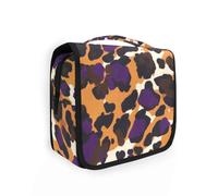 Bolsas de maquillaje de piel de leopardo marrón y morado con gancho para colgar, bolsa de cosméticos ligera para bolso con compartimentos y asa