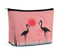Bolsas de maquillaje de viaje de piel sintética a rayas y flamencos, bolsa de cosméticos con cremallera, bolsa de aseo grande para mujer, impermeable, portátil, organizador de maquillaje, bonita bolsa