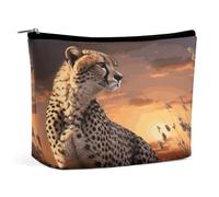 Bolsas de maquillaje de viaje de piel sintética con diseño de guepardo mirando hacia fuera sobre la sabana con puesta de sol, bolsa de cosméticos con cremallera, bolsa de aseo grande para mujer
