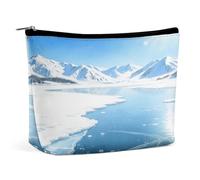 Bolsas de maquillaje de viaje de piel sintética con diseño de lago de hielo y montaña nevada, bolsa de aseo grande para mujer, impermeable, portátil, organizador de maquillaje, bonita bolsa con