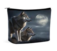 Bolsas de maquillaje de viaje de piel sintética con diseño de lobos en la luz de la luna, bolsa de cosméticos grande con cremallera, bolsa de aseo grande para mujer, impermeable, portátil, organizador