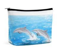 Bolsas de maquillaje de viaje de piel sintética jugando con delfines con cremallera, bolsa grande para artículos de aseo para mujer, impermeable, portátil, organizador de maquillaje, bonita bolsa con
