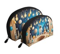 Bolsas de maquillaje impresas con astronautas, cohetes y planetas, 2 piezas, portátil, bolsa de aseo de viaje, White, Talla única