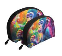 Bolsas de maquillaje impresas con diseño de primate colorido con un mono que lleva una taza de café, bolsa de aseo de viaje portátil de 2 piezas, White, Talla única