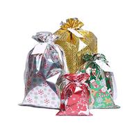 Bolsas de Navidad, bolsas para envolver regalos de Papá Noel en 4 tamaños y 4 diseños con cintas insertadas para cerrarlas y etiquetas, bolsas para envolver regalos en temporada navideña, 40 unidades