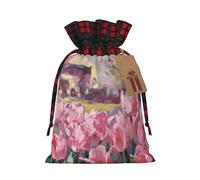 Bolsas de Navidad con cordón para caramelos, bolsas de regalo, estampado de tulipanes rosas vívidos, bolsas de regalo