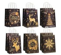 Bolsas de Navidad de 12 piezas, 6 bolsas de papel de estilos con manijas de oro negro Paper Paper Christmas Bulk para envolver los regalos de vacaciones de Navidad