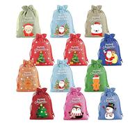 Bolsas de Navidad de tela, 12 bolsas de arpillera de Navidad | Bolsas de lino reutilizables, pequeñas bolsas de Navidad con cordón para regalos de fiesta de Año Nuevo