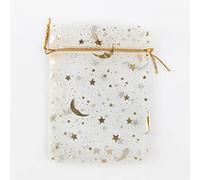 Bolsas de organza de 9 x 12cm,30 unidades,con impresión de purpurina,estrella de la luna,bolsa de regalo de organza,bolsas de regalo de lavanda,para bodas,Navidad,fiestas,regalo,color blanco y dorado