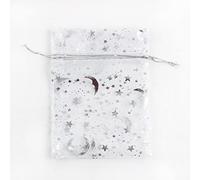 Bolsas de organza de 9 x 12cm,30 unidades,con impresión de purpurina,estrella de la luna,bolsa de regalo de organza,bolsa de regalo de lavanda,para bodas,Navidad,fiestas,regalo,color blanco y plateado