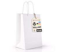 Bolsas de Papel Blancas XS con Asa - 10 uds, Bolsas Resistentes y Reciclables para Regalo y Comercio - OFITURIA (18x8x24 cm, Blanco)