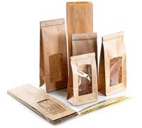 Bolsas de papel kraft marrón con ventana transparente, 10 unidades: bolsa pequeña con base para alimentos especias dulces té café, sobres regalo con cierre reutilizable, 26,5 x 8,5 x 5 cm