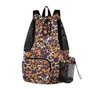 Bolsas de piscina con cordón para hombre, con bolsillo para botella de agua, saco atlético, separación seca y húmeda, piel de leopardo, color marrón y morado