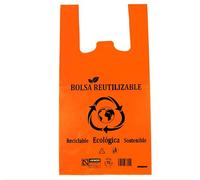 Bolsas de Plastico con Asas Naranjas muy Resistestes de 50 MIcras de grosor con Material 70% Reciclado y Reutilizables en Paquete de 100uds Medida Bolsas Desplegadas 42x53cm Bolsas Plastico Camiseta