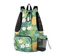 Bolsas de playa con cordón, bolsa de piscina con bolsillo para botella de agua, bolsa de cuerda, separación húmeda y seca, piña tropical, dorado, amarillo, verde, hojas de palma, flor