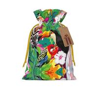 Bolsas de regalo con cordón con estampado de pájaros tropicales y hojas de plantas, para temporada de vacaciones, cumpleaños, aniversarios y cualquier ocasión especial