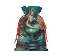 Bolsas de regalo con cordón de Navidad con estampado de sirena de cuento de hadas, bolsas de arpillera de lino para fiestas de Navidad, regalos de dulces