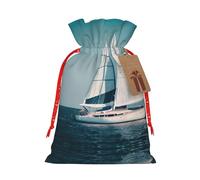 Bolsas de regalo con cordón para Navidad, diseño de paisaje de barco de velero, para regalos de fiesta de Navidad