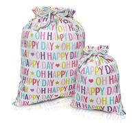 Bolsas de regalo con cordón para reunir y anudar | 20 pulgadas grandes y 12 pulgadas pequeñas | Lona de alta calidad | Envoltura de tela reutilizable para cumpleaños de niñas, baby shower | Oh Happy