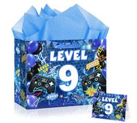 Bolsas de regalo de 9º cumpleaños para videojuegos, bolsa de regalo de 9º cumpleaños, bolsa de regalo con asa para juegos de 9 años, bolsa de regalo con papel de seda y tarjeta de felicitación para