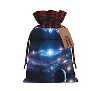 Bolsas de regalo de Navidad a cuadros con etiquetas, bolsas de dulces de Navidad, bolsas pequeñas de regalo de Halloween, planetas espaciales