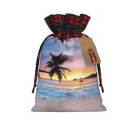 Bolsas de regalo de Navidad a cuadros con etiquetas, bolsas de dulces de Navidad, pequeñas bolsas de regalo de Halloween, isla de palmera tropical amanecer