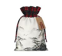 Bolsas de regalo de Navidad a cuadros de búfalo con etiquetas, bolsas de dulces de Navidad, pequeñas bolsas de regalo de Halloween, árbol de montaña de tinta