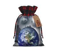 Bolsas de regalo de Navidad a cuadros de búfalo con etiquetas, bolsas de dulces de Navidad, pequeñas bolsas de regalo de Halloween, bolsas de regalo de golosinas, planeta tierra fresca tormenta