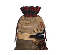 Bolsas de regalo de Navidad a cuadros de búfalo con etiquetas, bolsas de dulces de Navidad, pequeñas bolsas de regalo de Halloween, botellas de vino, corchos y uvas