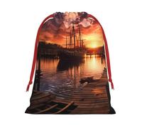 Bolsas de regalo de Navidad, bolsas de regalo de Navidad, bolsas de Navidad reutilizables para regalos, barco, puerto al atardecer, bolsas de regalo con etiquetas, suministros de fiesta, M