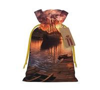 Bolsas de regalo de Navidad, bolsas de regalo de Navidad, bolsas de Navidad reutilizables para regalos, barco, puerto al atardecer, bolsas de regalo con etiquetas, suministros de fiesta, M