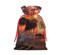 Bolsas de regalo de Navidad, bolsas de regalo de Navidad, bolsas de Navidad reutilizables para regalos, barco, puerto al atardecer, bolsas de regalo con etiquetas, suministros de fiesta, S