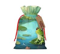 Bolsas de regalo de Navidad con cordón impreso de rana en un estanque, sacos de tela reutilizables, bolsa de regalo de Navidad con etiqueta de regalo para recuerdos de fiesta