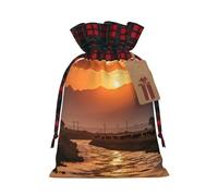 Bolsas de regalo de Navidad con estampado de pasto de puesta de sol con cordones para bolsas de regalo de vacaciones, bolsas de regalo de Navidad