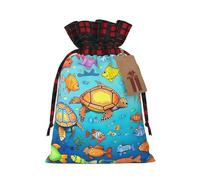 Bolsas de regalo de Navidad con estampado de tortuga y peces, bolsas reutilizables con cordón para regalos, talla S
