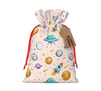 Bolsas de regalo de Navidad estilo lino, bolsas de regalo de Navidad, bolsas reutilizables con estampado de cohetes y planetas, S