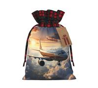 Bolsas de regalo de Navidad personalizadas, diseño de aviones con estampado de Papá Noel con etiquetas, bolsas de tela reutilizables con cordón para decoración festiva de fiesta de Navidad