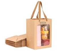Bolsas de regalo de papel con asas de cuerda, bolsa de regalo marrón con ventana, 9.8 x 7.1 x 5.1 pulgadas, bolsas de papel para compras, 10 bolsas al por menor para flores, recuerdos de fiesta
