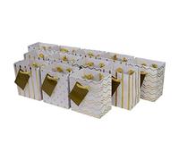 Bolsas de regalo de papel dorado metálico con asas, diseño de galón, lunares y rayas, para fiestas de cumpleaños, bodas, vacaciones y todas las ocasiones, XS, Dorado