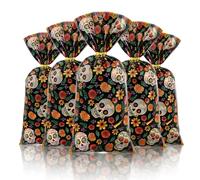 Bolsas de regalo del Día de los Muertos, 50 unidades, multicolor, diseño de calavera de azúcar, caléndula y flores, bolsa de regalo de celofán para fiesta de Halloween temática de México