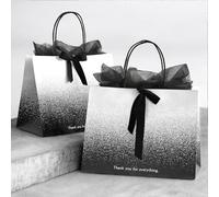 Bolsas de regalo modernas con asa, lazo y papel de seda, tamaño mediano con fondo ancho, elegante estampado degradado en blanco y negro y agradecimiento, cinta de espiga, juegos de bolsas de papel