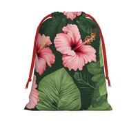 Bolsas de regalo reutilizables con estampado de hojas de vegetación con flores de hibisco, bolsas de regalo de tamaño mediano, bolsas de cordón para regalos de Navidad, cumpleaños