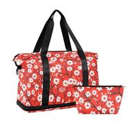 Bolsas de viaje blancas florales sobre rojo, bolsa de viaje con correa ajustable para senderismo, gran capacidad, Blanco floral sobre rojo, 1 size